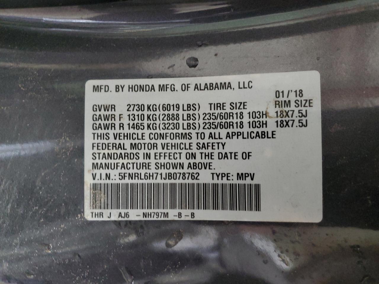 2018 Honda Odyssey VIN 5FNRL6H71JB078762 Copart auction photo, all over damage thumbnail 14