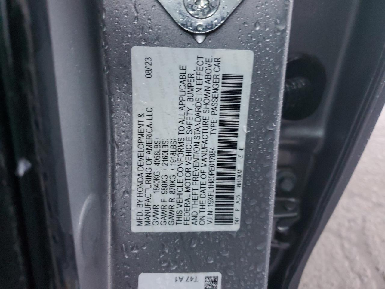 2023 Honda Civic VIN 19XFL1H80PE017884 Copart auction photo, all over damage thumbnail 14
