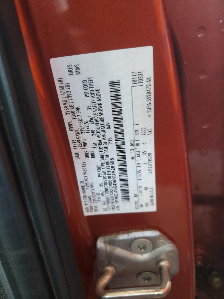 2019 Ford Escape VIN 1FMCU9GD6KUA28598 Copart auction photo, mechanical damage thumbnail 13