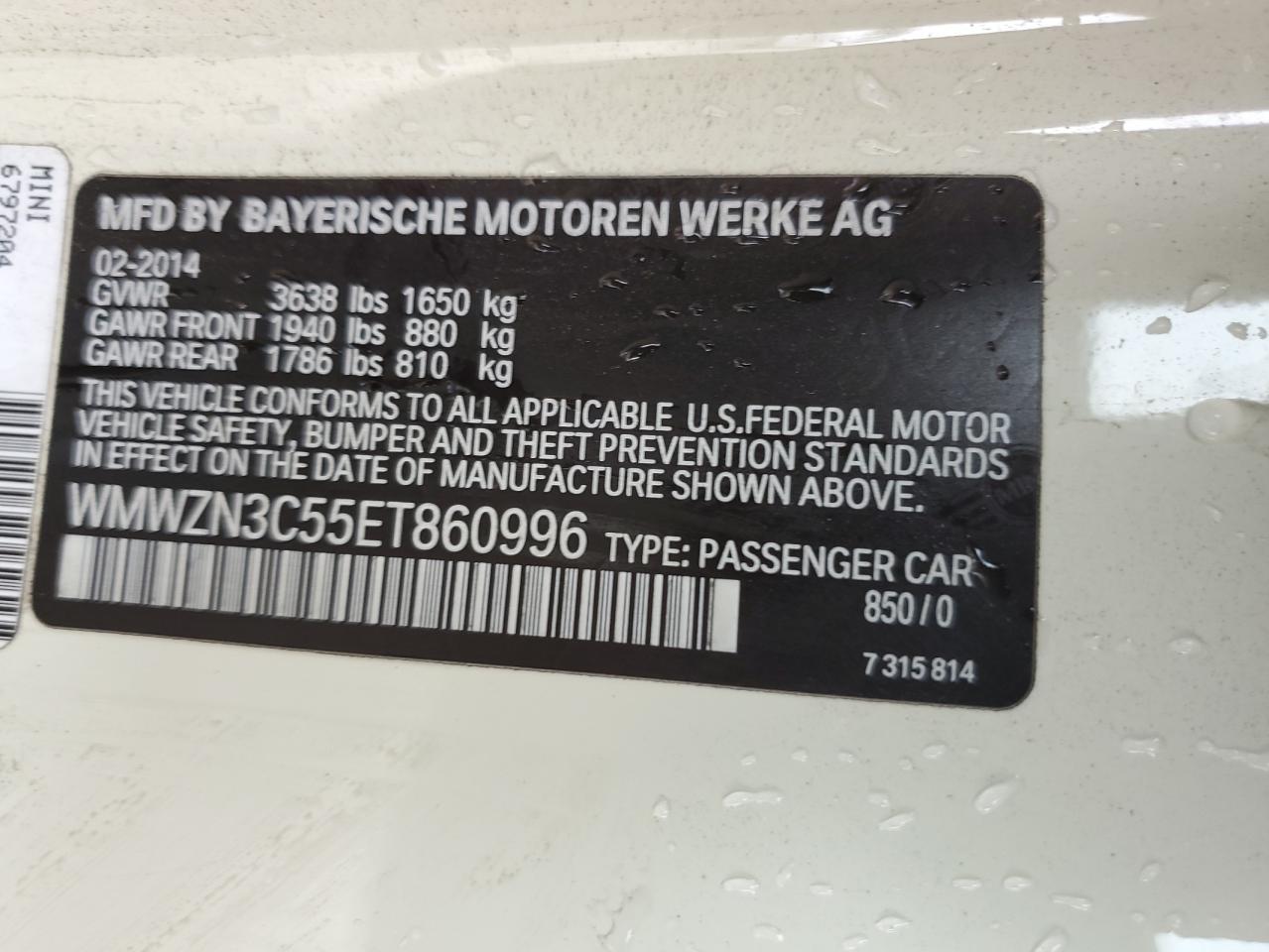 2014 MINI Cooper VIN WMWZN3C55ET860996 Copart auction photo, normal wear damage thumbnail 13
