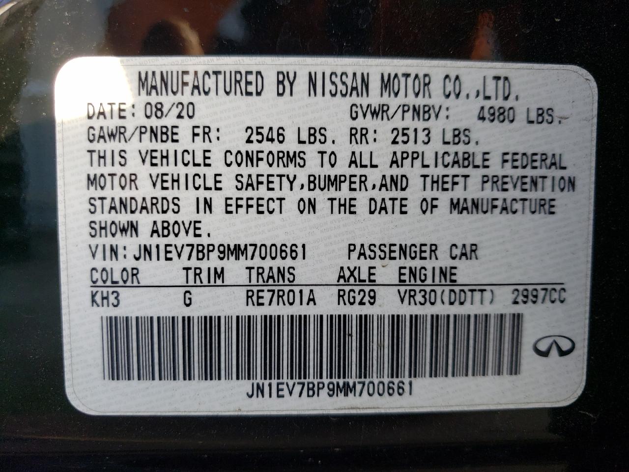 2021 Infiniti Q50 VIN JN1EV7BP9MM700661 Copart auction photo, undercarriage / minor dent/scratches damage thumbnail 12