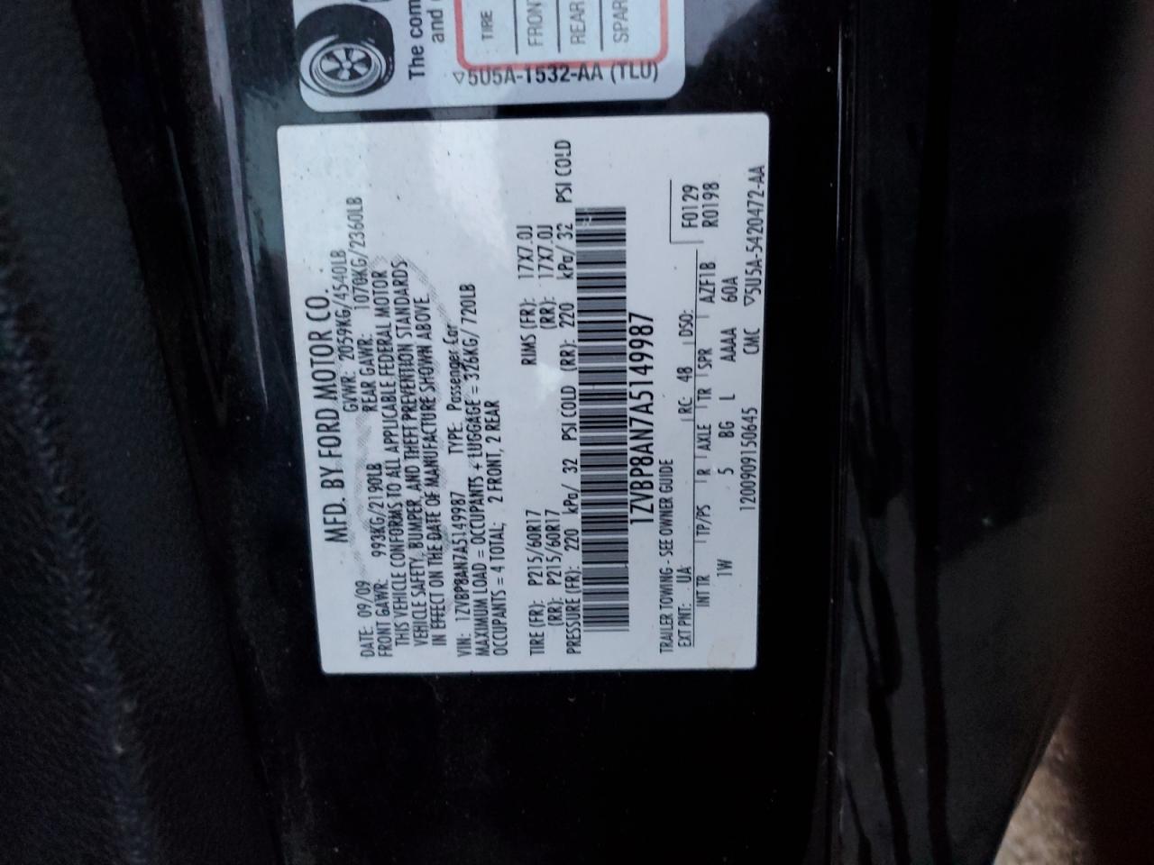 2010 Ford Mustang VIN 1ZVBP8AN7A5149987 Copart auction photo, side / front end damage thumbnail 15