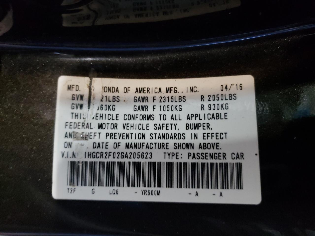 2016 Honda Accord VIN 1HGCR2F02GA205623 Copart auction photo, front end damage thumbnail 13