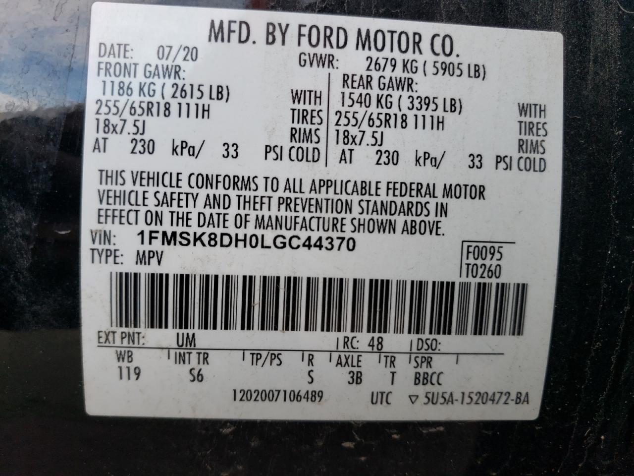 2020 Ford Explorer VIN 1FMSK8DH0LGC44370 Copart auction photo, front end / side damage thumbnail 15