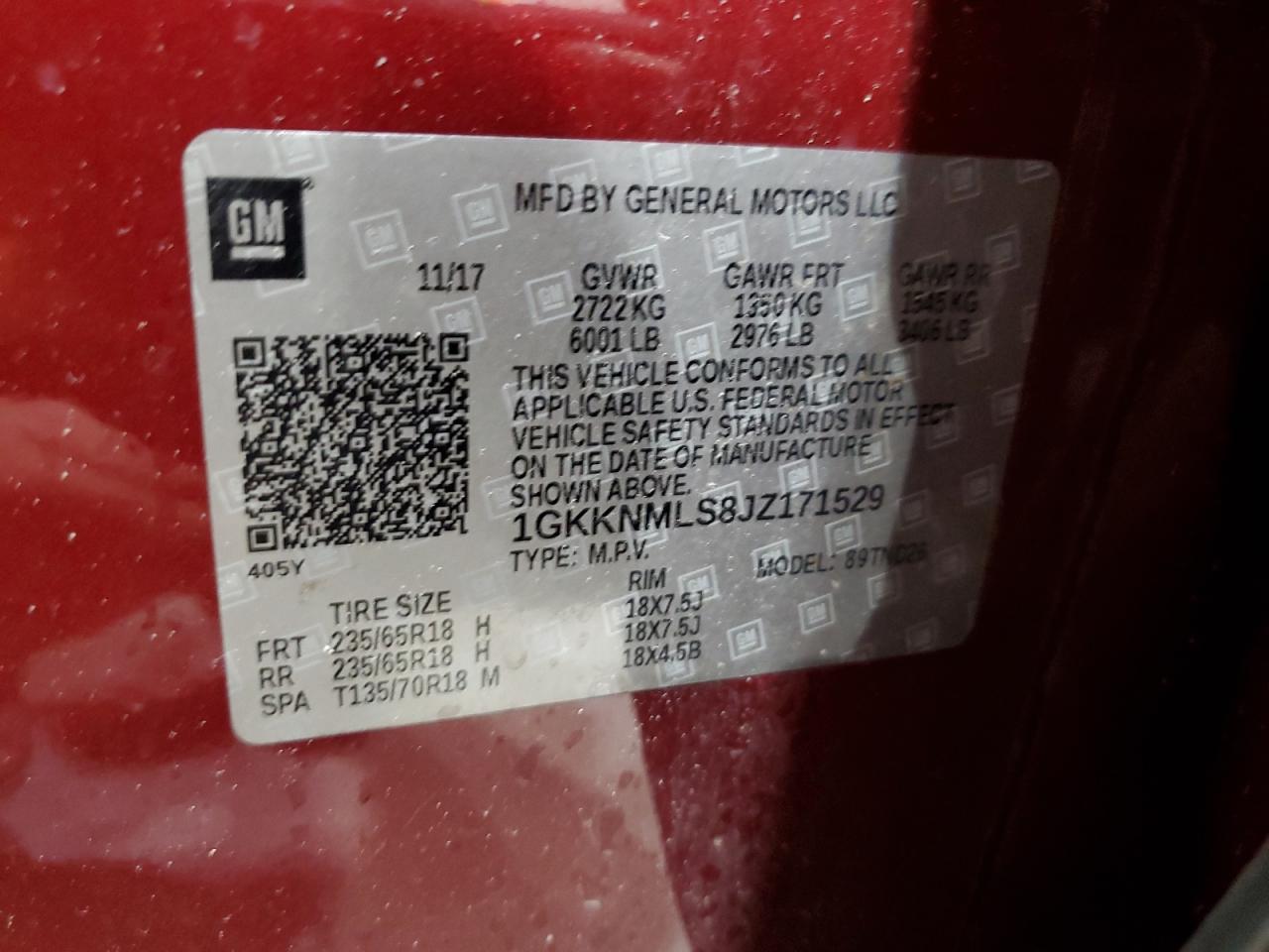 2018 GMC Acadia VIN 1GKKNMLS8JZ171529 Copart auction photo, all over / minor dent/scratches damage thumbnail 15