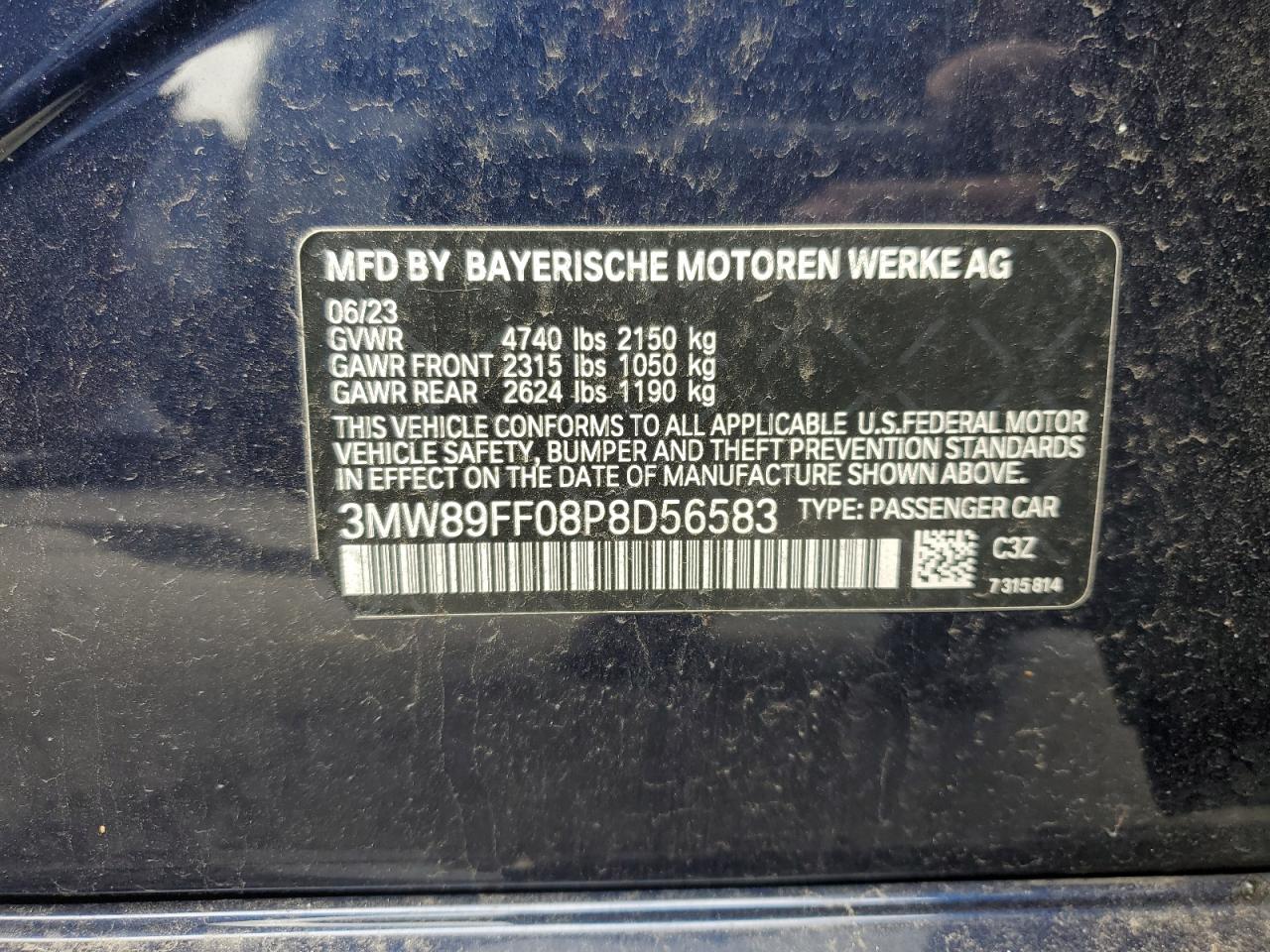 2023 BMW 3er VIN 3MW89FF08P8D56583 Copart auction photo, minor dent/scratches damage thumbnail 12