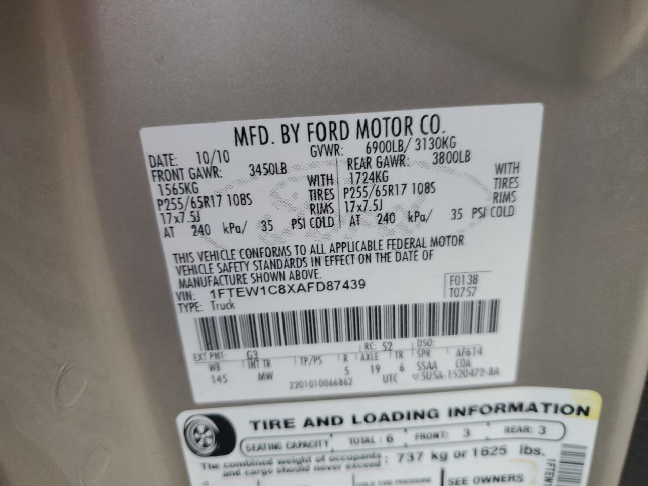 2010 Ford F-150 VIN 1FTEW1C8XAFD87439 Copart auction photo, front end damage thumbnail 12