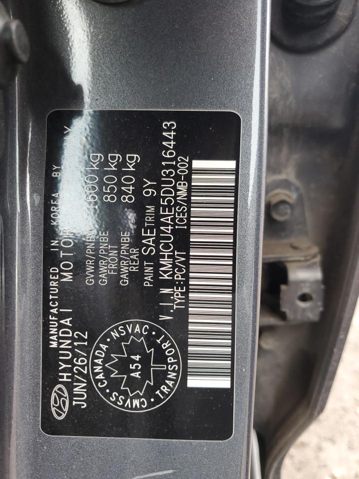 2013 Hyundai Accent VIN KMHCU4AE5DU316443 Copart auction photo, water/flood / minor dent/scratches damage thumbnail 12
