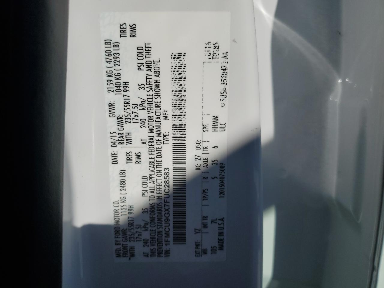 2015 Ford Escape VIN 1FMCU9GX7FUC28583 Copart auction photo, front end damage thumbnail 14