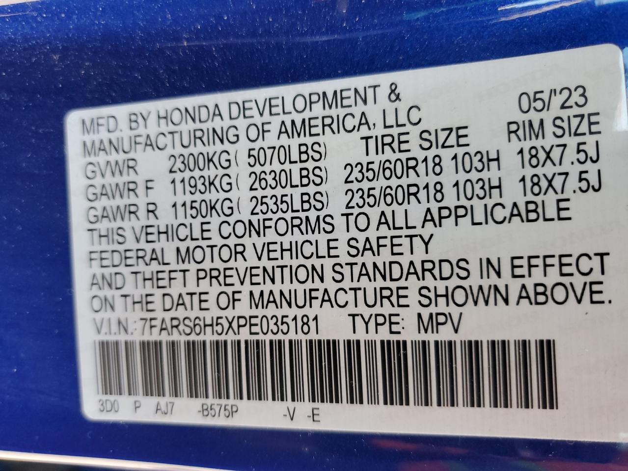 2023 Honda CR-V VIN 7FARS6H5XPE035181 Copart auction photo, rear end / side damage thumbnail 13