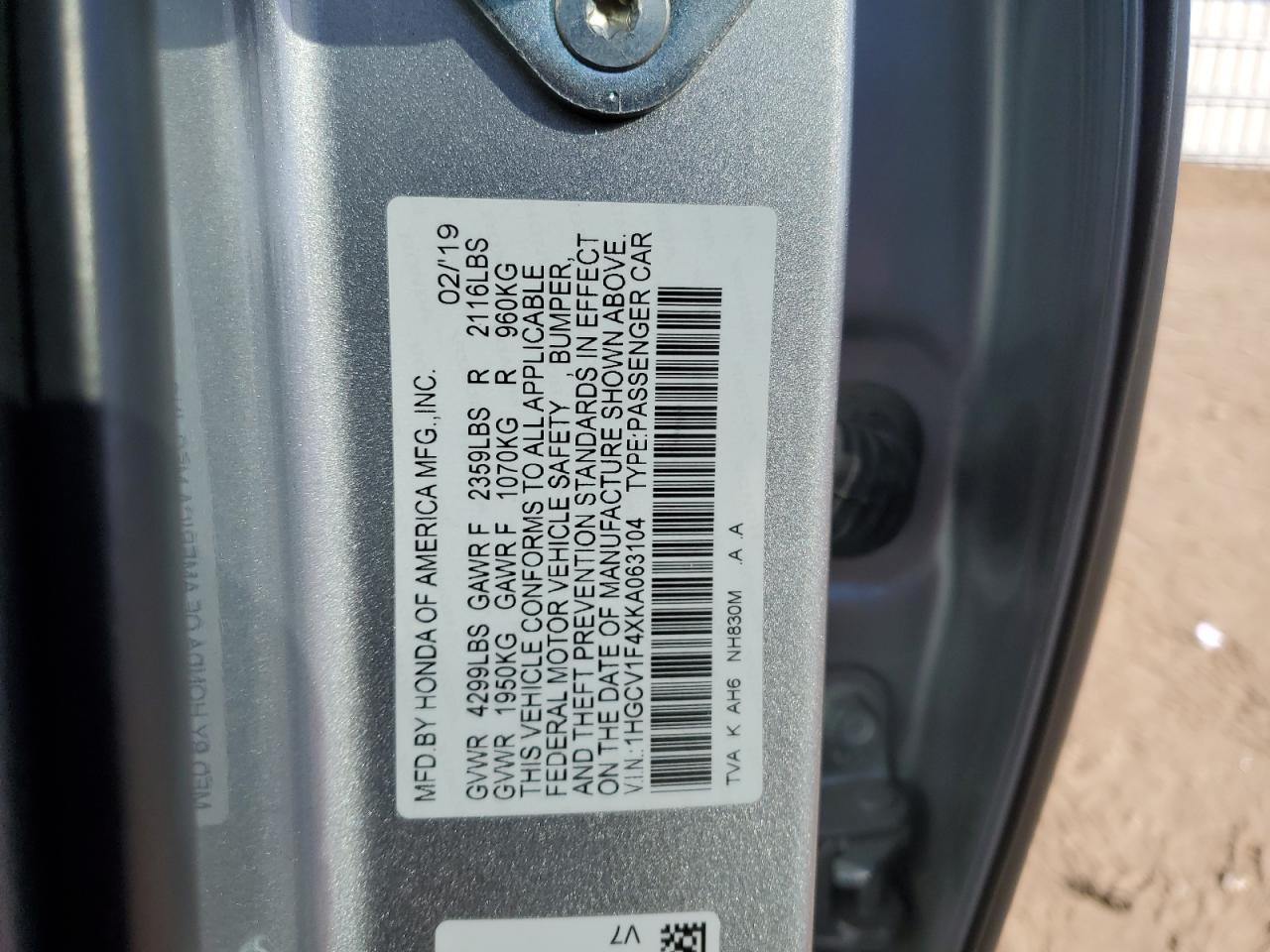 2019 Honda Accord VIN 1HGCV1F4XKA063104 Copart auction photo, front end damage thumbnail 14