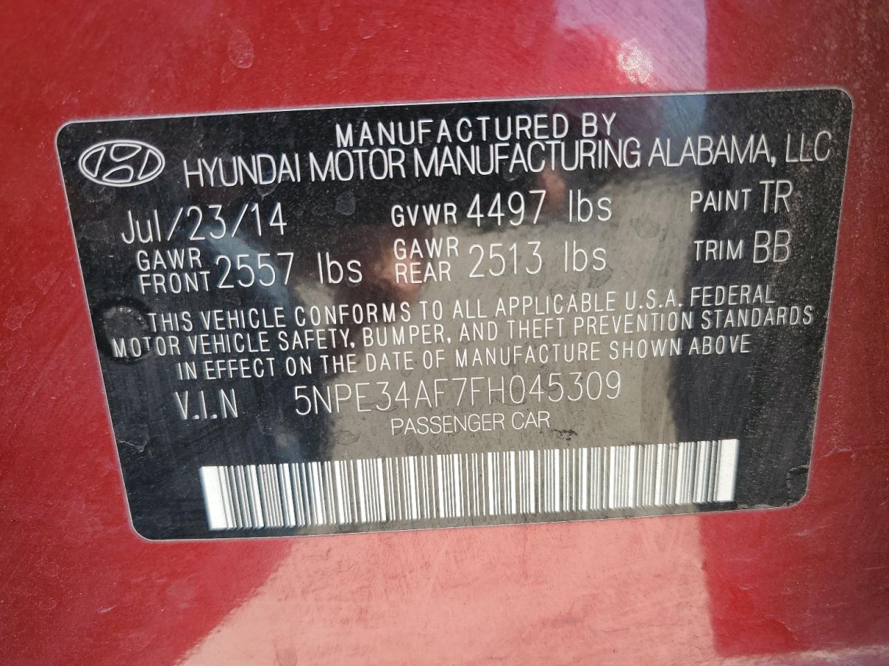 2015 Hyundai Sonata VIN 5NPE34AF7FH045309 Copart auction photo, front end / side damage thumbnail 14