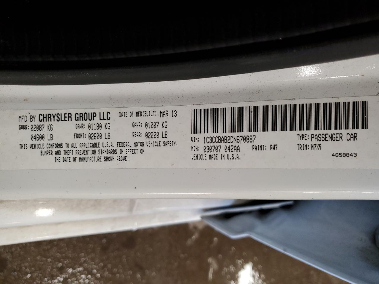 2013 Chrysler 200 VIN 1C3CCBAB2DN670887 Copart auction photo, mechanical / minor dent/scratches damage thumbnail 12