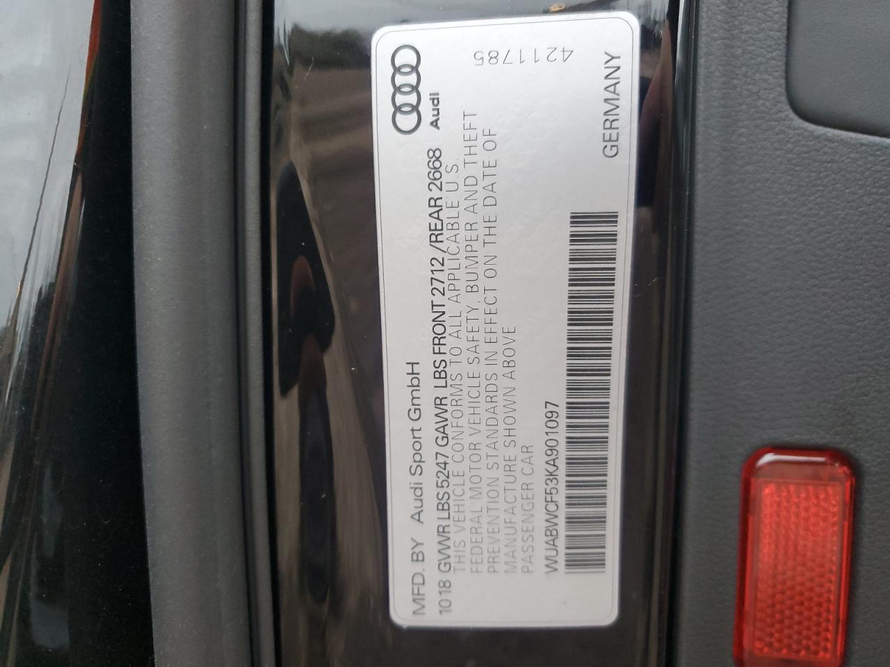 2019 Audi RS5 VIN WUABWCF53KA901097 Copart auction photo, front end / side damage thumbnail 12