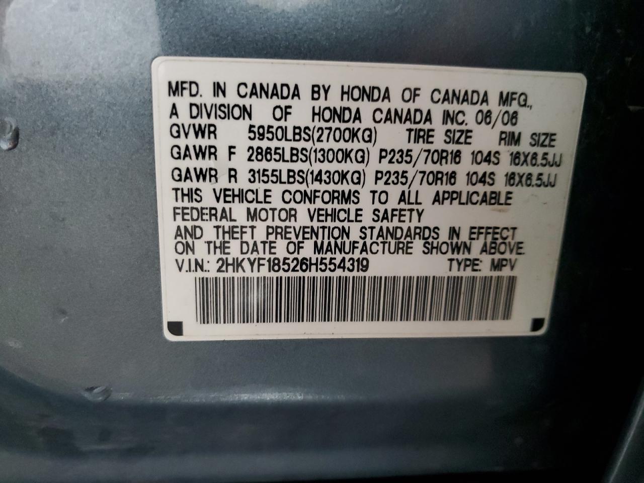 2006 Honda Pilot VIN 2HKYF18526H554319 Copart auction photo, rear end damage thumbnail 12