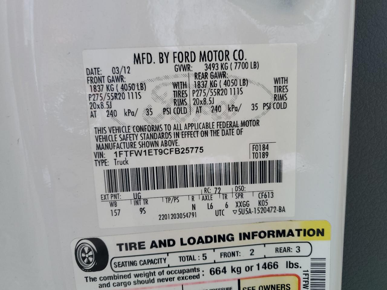 2012 Ford F-150 VIN 1FTFW1ET9CFB25775 Copart auction photo, rear end damage thumbnail 12