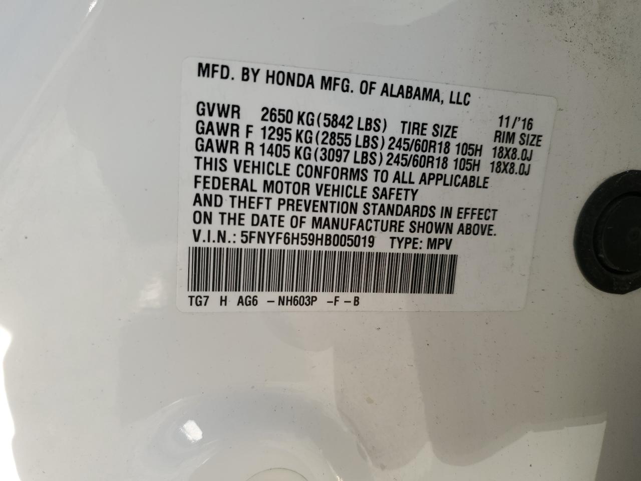 2017 Honda Pilot VIN 5FNYF6H59HB005019 Copart auction photo, front end damage thumbnail 14