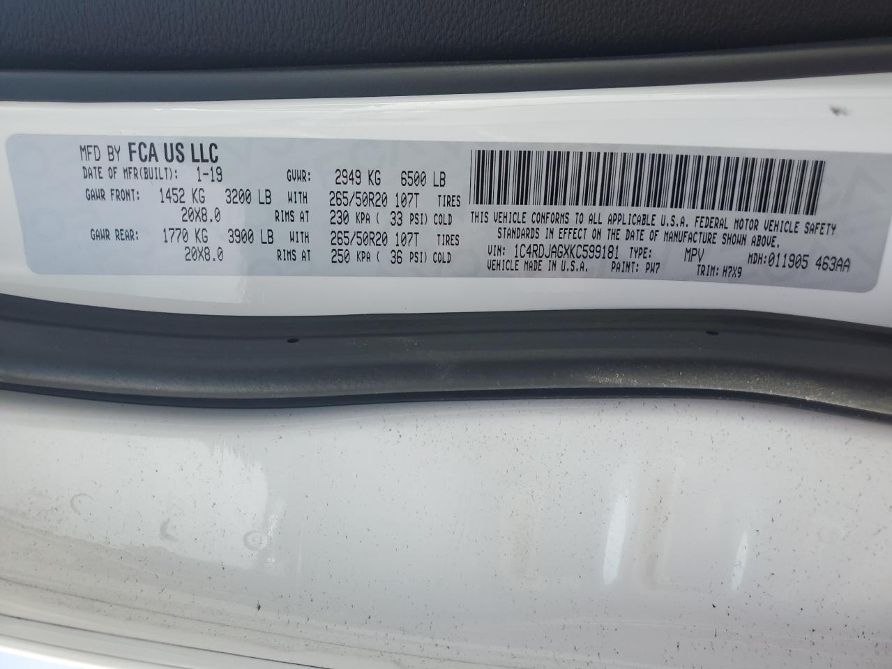 2019 Dodge Durango VIN 1C4RDJAGXKC599181 Copart auction photo, side damage thumbnail 15