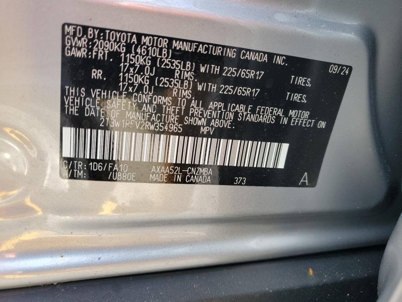 2024 Toyota RAV 4 VIN 2T3W1RFV2RW354965 Copart auction photo, side damage thumbnail 14