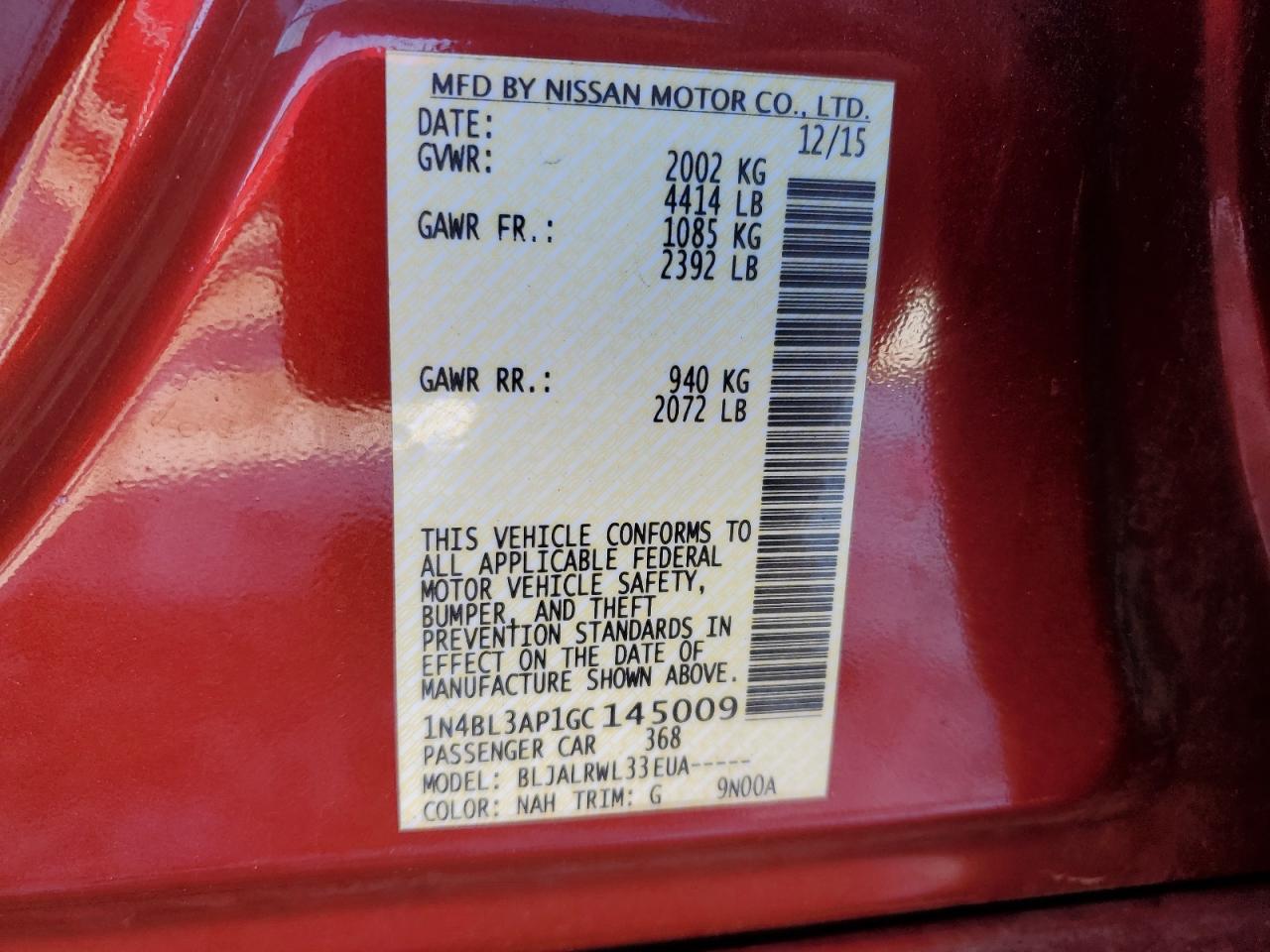 2016 Nissan Altima VIN 1N4BL3AP1GC145009 Copart auction photo, side / front end damage thumbnail 12