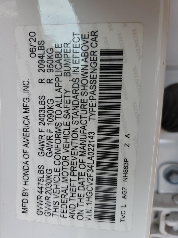 2020 Honda Accord VIN 1HGCV2F34LA022143 Copart auction photo, side / minor dent/scratches damage thumbnail 14