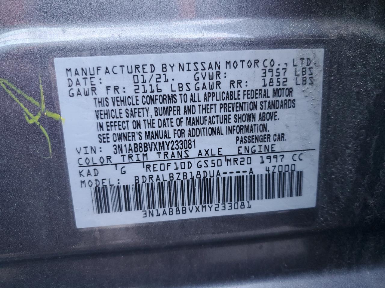 2021 Nissan Sentra VIN 3N1AB8BVXMY233081 Copart auction photo, front end damage thumbnail 12