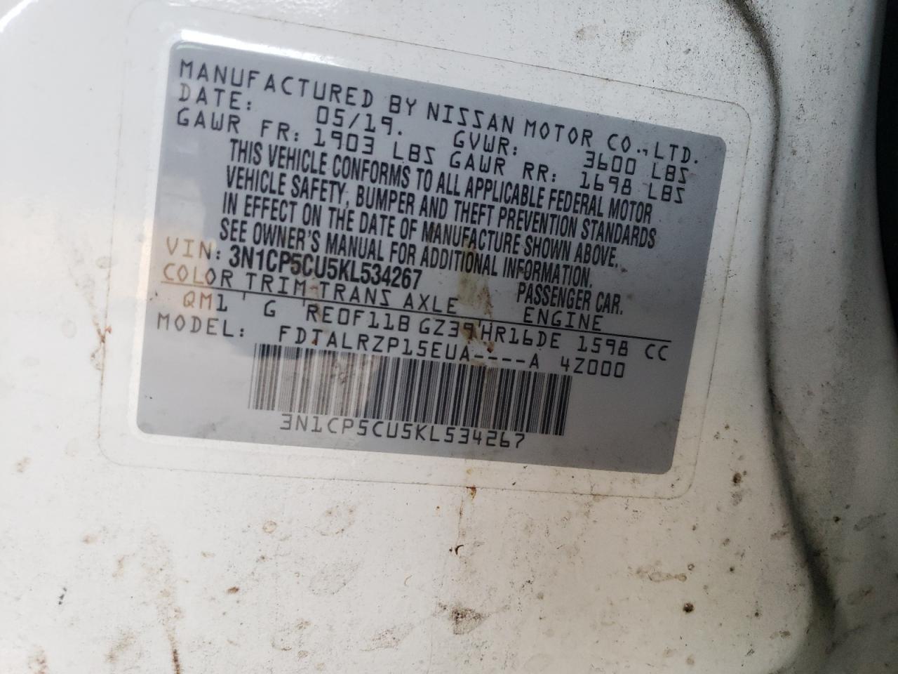 2019 Nissan Kicks VIN 3N1CP5CU5KL534267 Copart auction photo, front end damage thumbnail 12