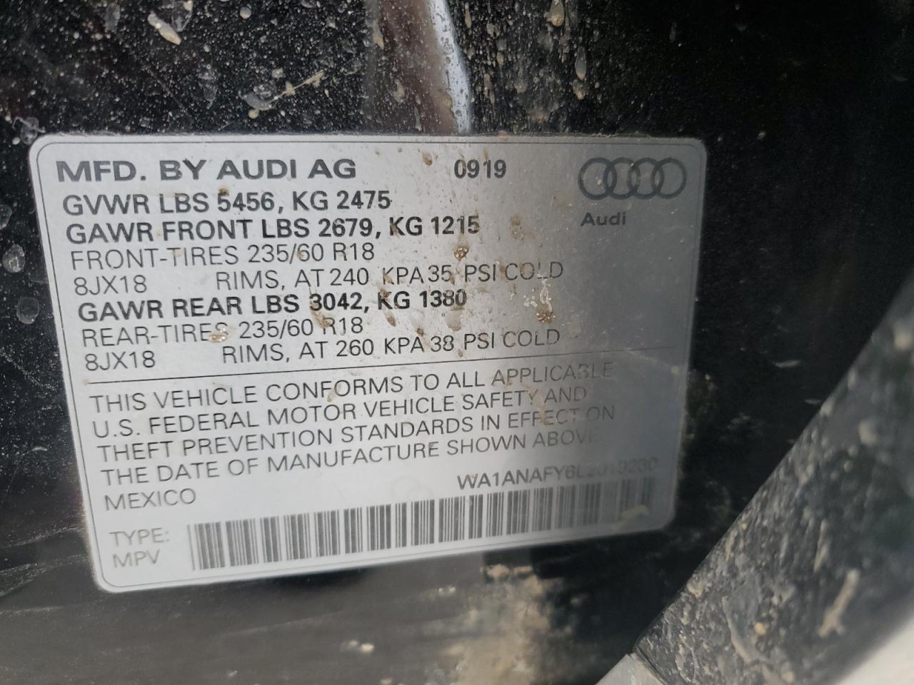 2020 Audi Q5 VIN WA1ANAFY6L2019230 Copart auction photo, front end damage thumbnail 15