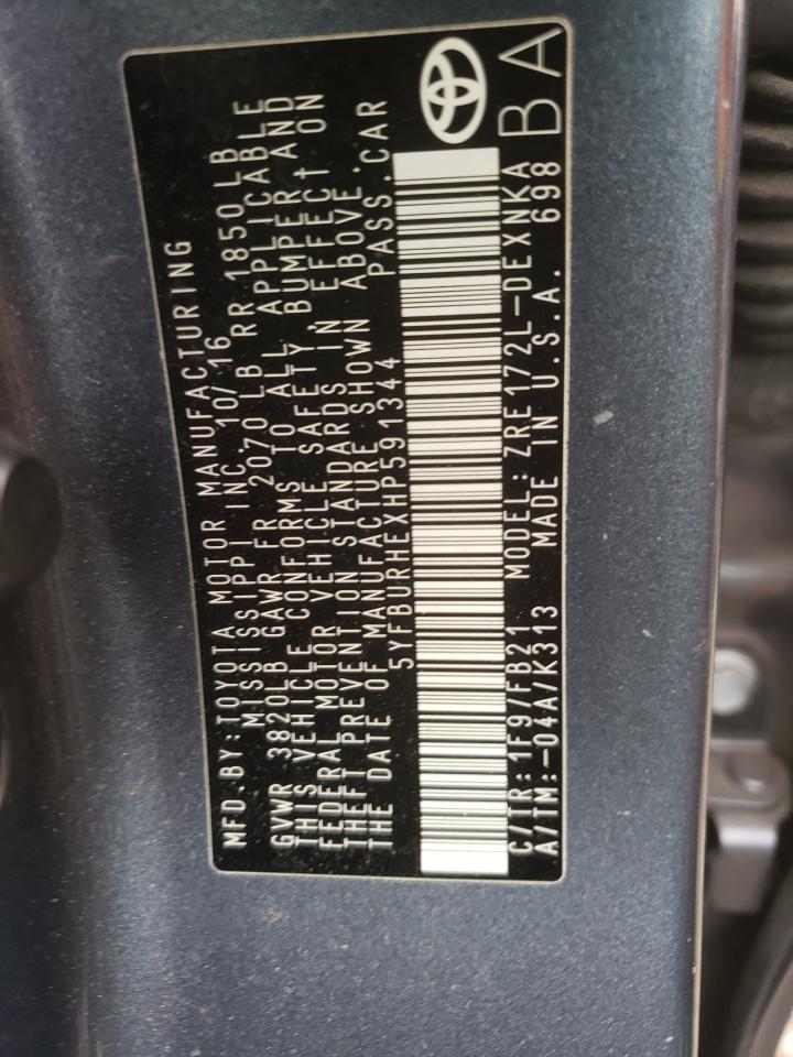 2017 Toyota Corolla VIN 5YFBURHEXHP591344 Copart auction photo, rear end / front end damage thumbnail 13