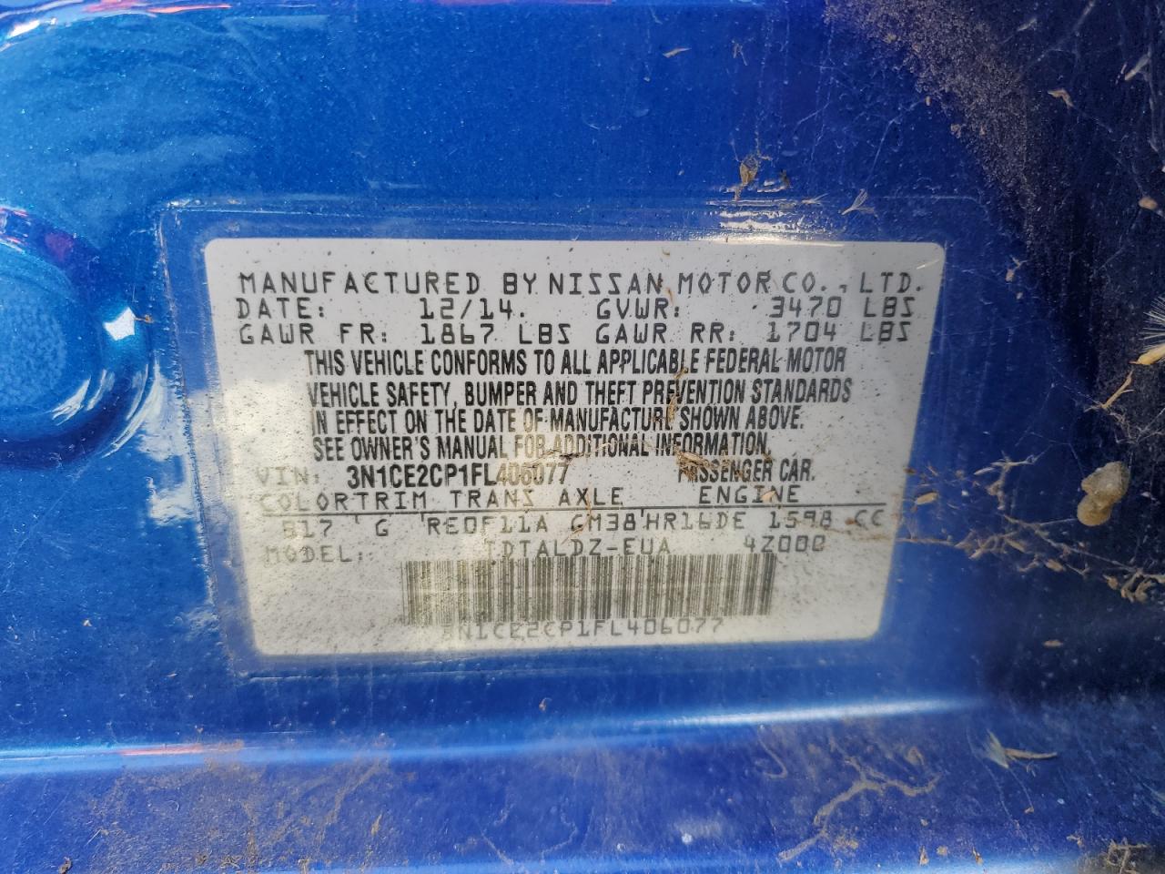 2015 Nissan Versa VIN 3N1CE2CP1FL406077 Copart auction photo, rear end damage thumbnail 12