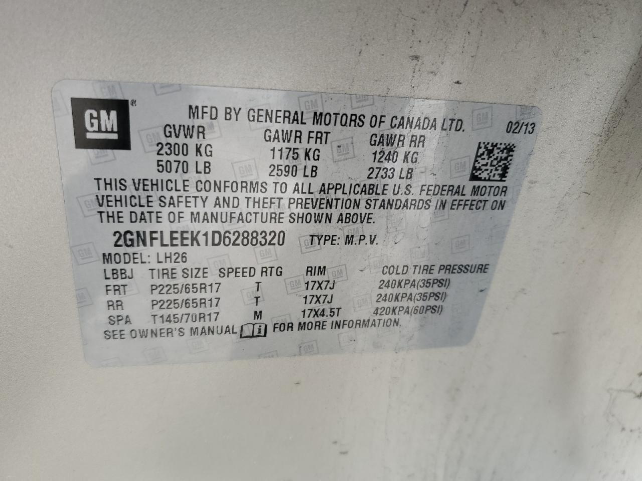 2013 Chevrolet Equinox VIN 2GNFLEEK1D6288320 Copart auction photo, side / front end damage thumbnail 13