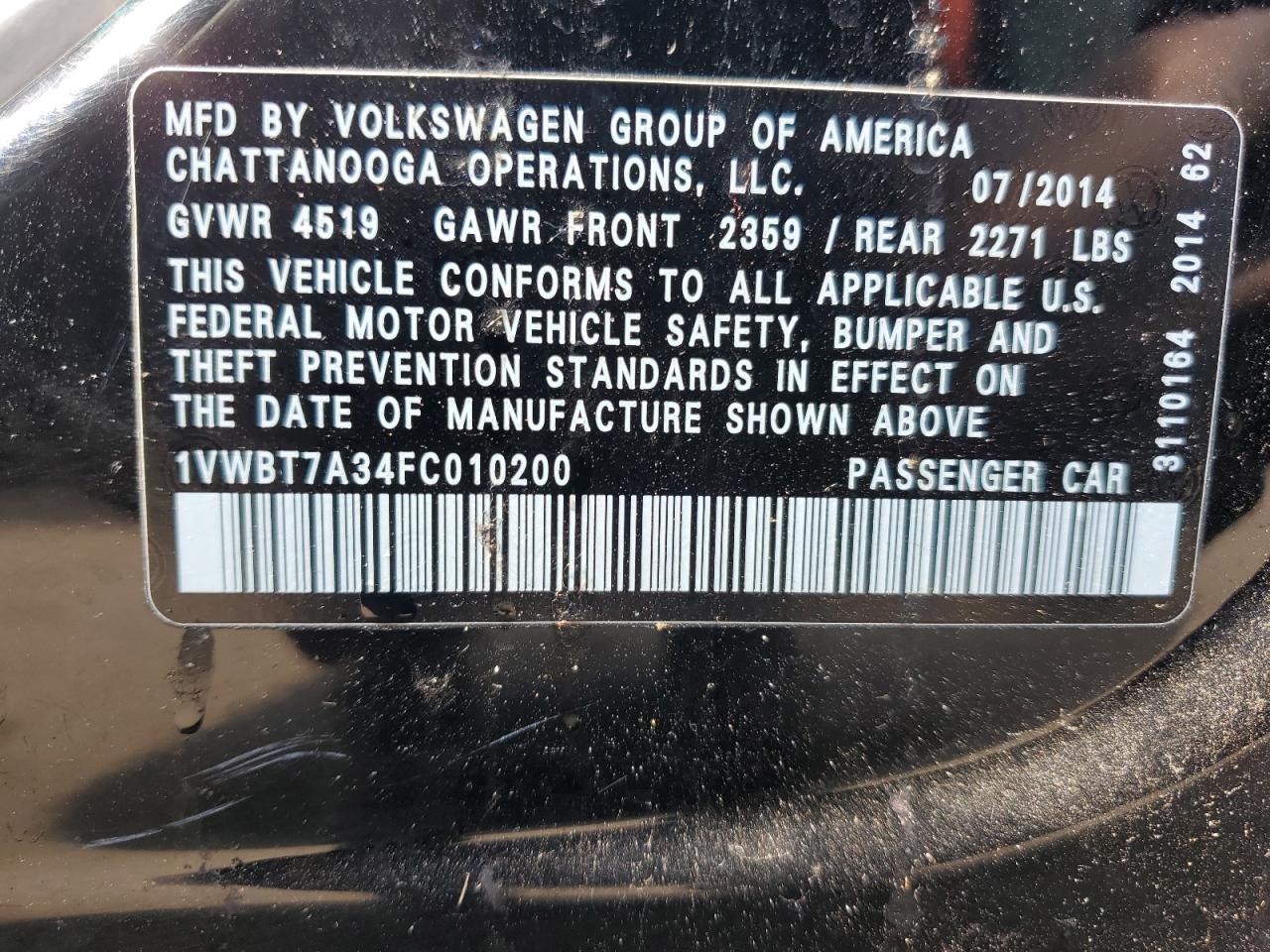 2015 Volkswagen Passat VIN 1VWBT7A34FC010200 Copart auction photo, front end / rear end damage thumbnail 12