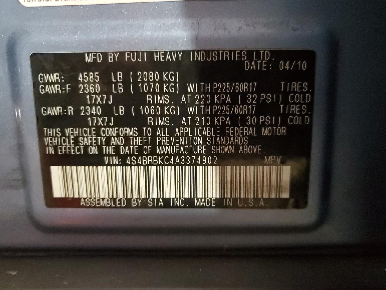 2010 Subaru Outback VIN 4S4BRBKC4A3374902 Copart auction photo, front end damage thumbnail 12