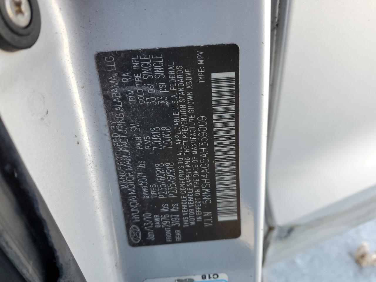 2010 Hyundai Santa Fe VIN 5NMSH4AG5AH359009 Copart auction photo, rear end damage thumbnail 15