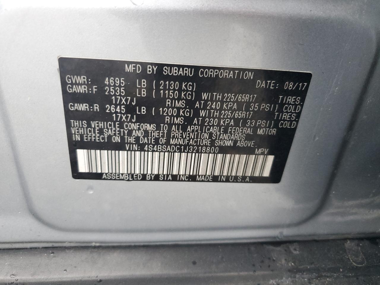 2018 Subaru Outback VIN 4S4BSADC1J3218800 Copart auction photo, side damage thumbnail 14
