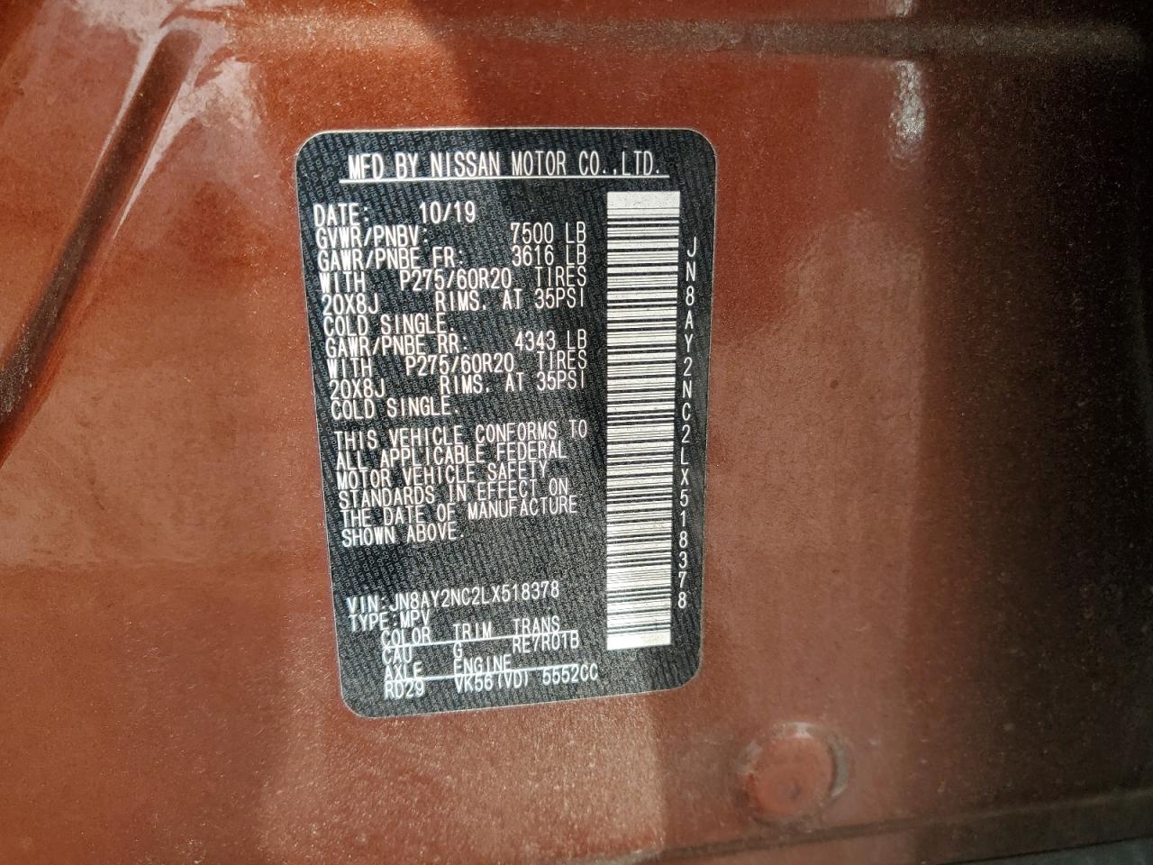 2020 Nissan Armada VIN JN8AY2NC2LX518378 Copart auction photo, front end damage thumbnail 13