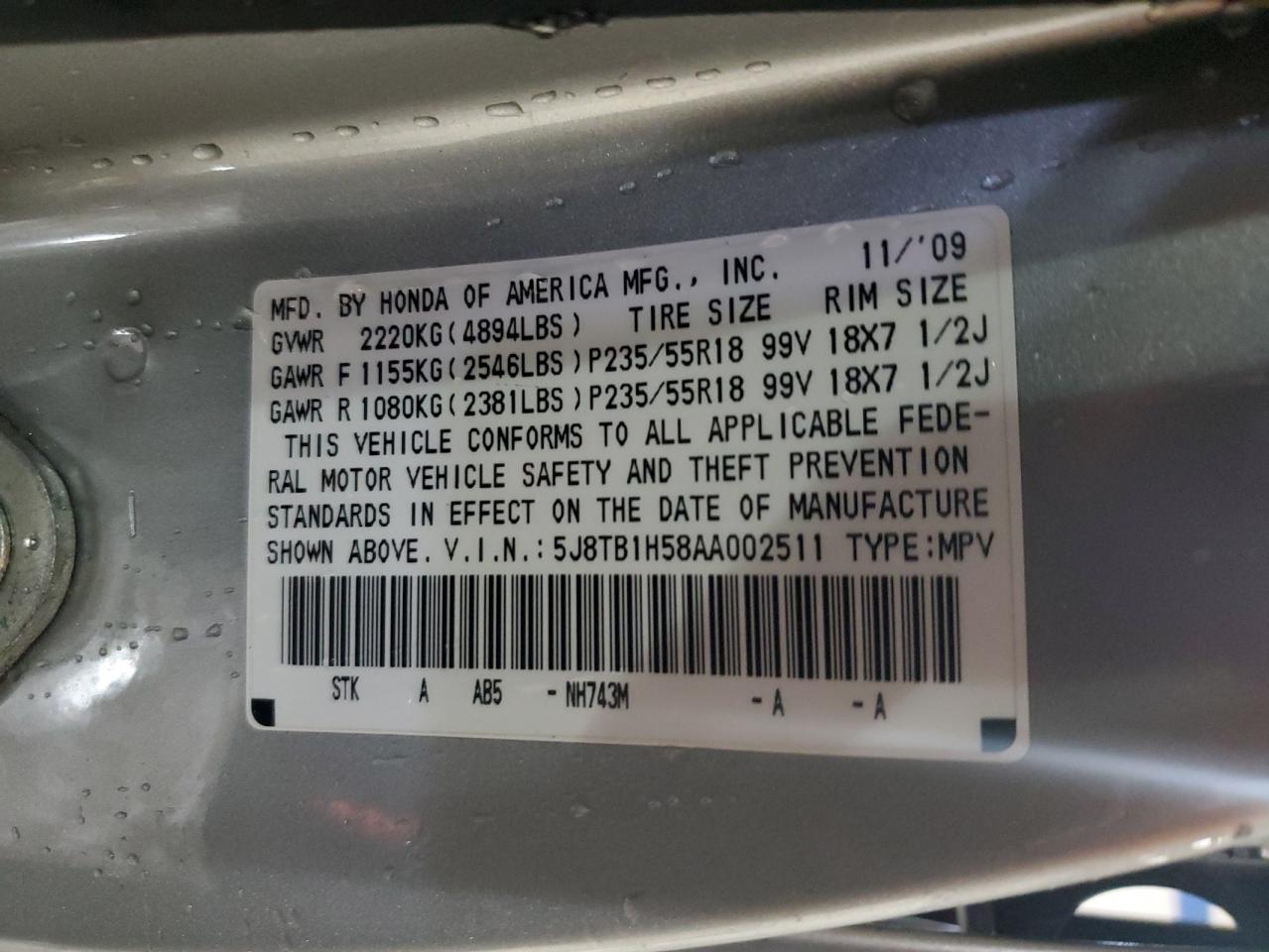 2010 Acura RDX VIN 5J8TB1H58AA002511 Copart auction photo, front end damage thumbnail 13
