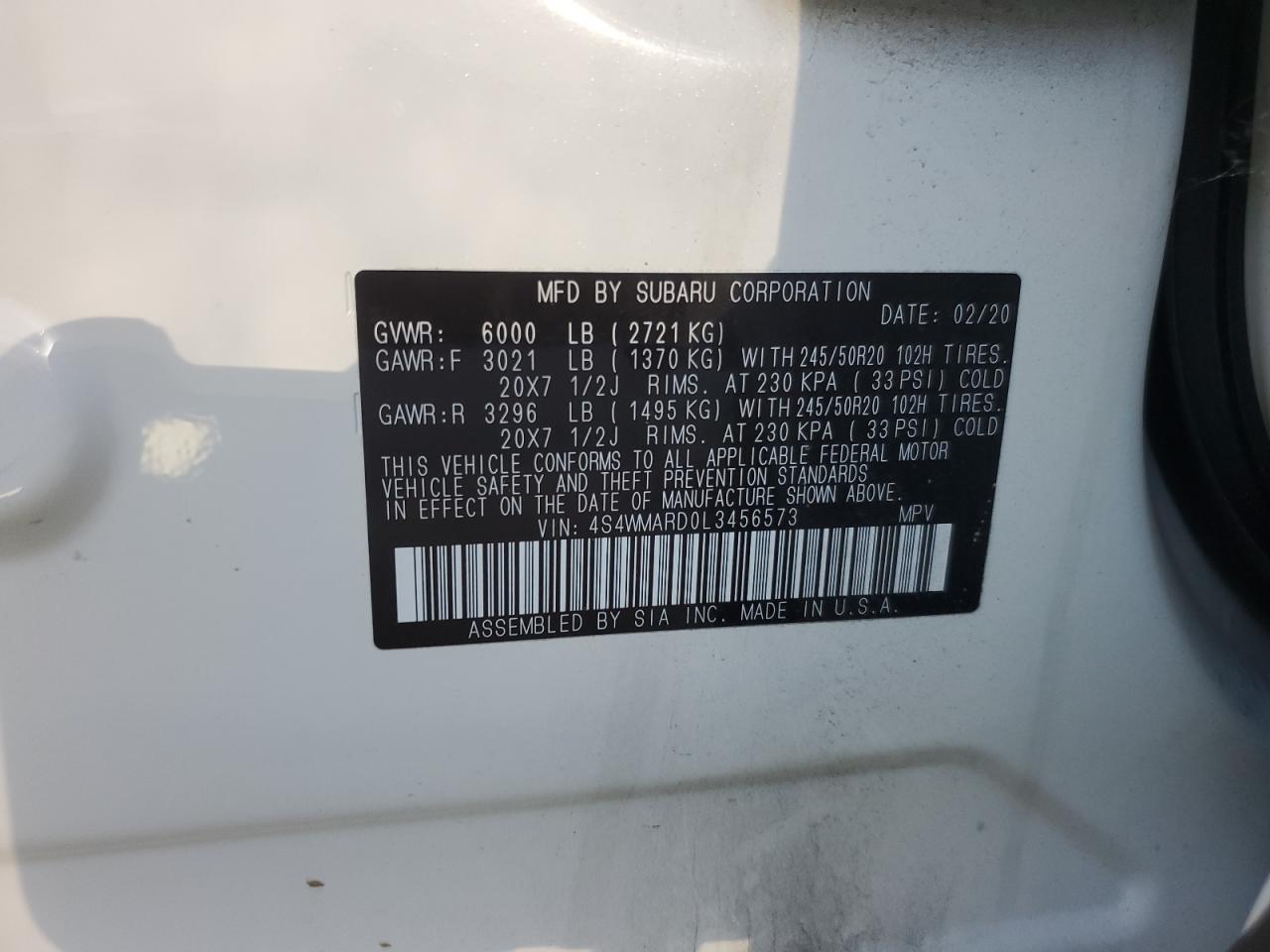 2020 Subaru Ascent VIN 4S4WMARD0L3456573 Copart auction photo, front end damage thumbnail 13
