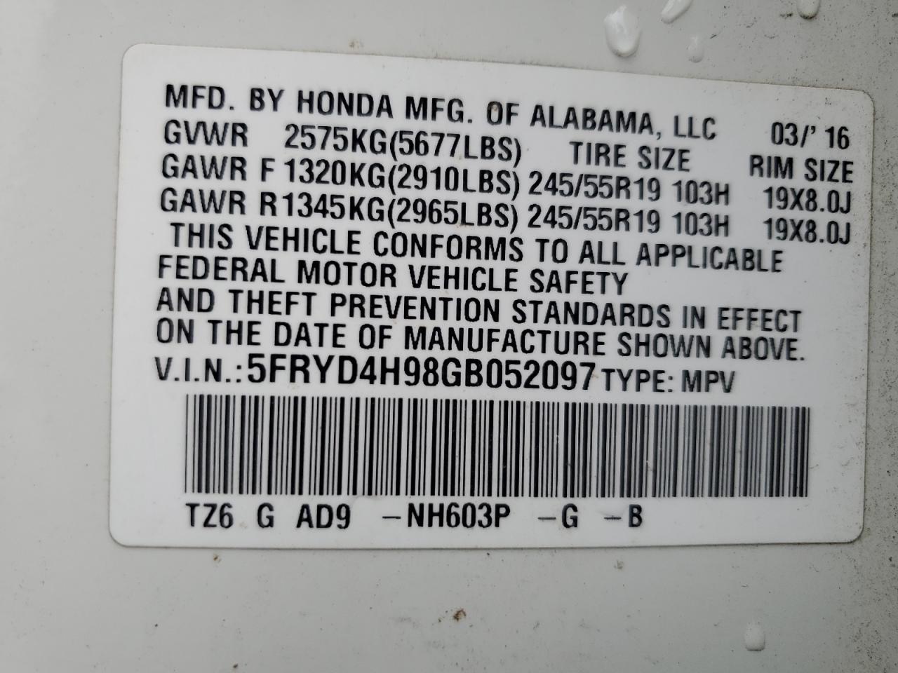 2016 Acura MDX VIN 5FRYD4H98GB052097 Copart auction photo, rear end damage thumbnail 13