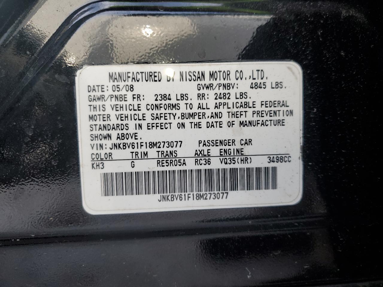 2008 Infiniti G VIN JNKBV61F18M273077 Copart auction photo, front end / minor dent/scratches damage thumbnail 12