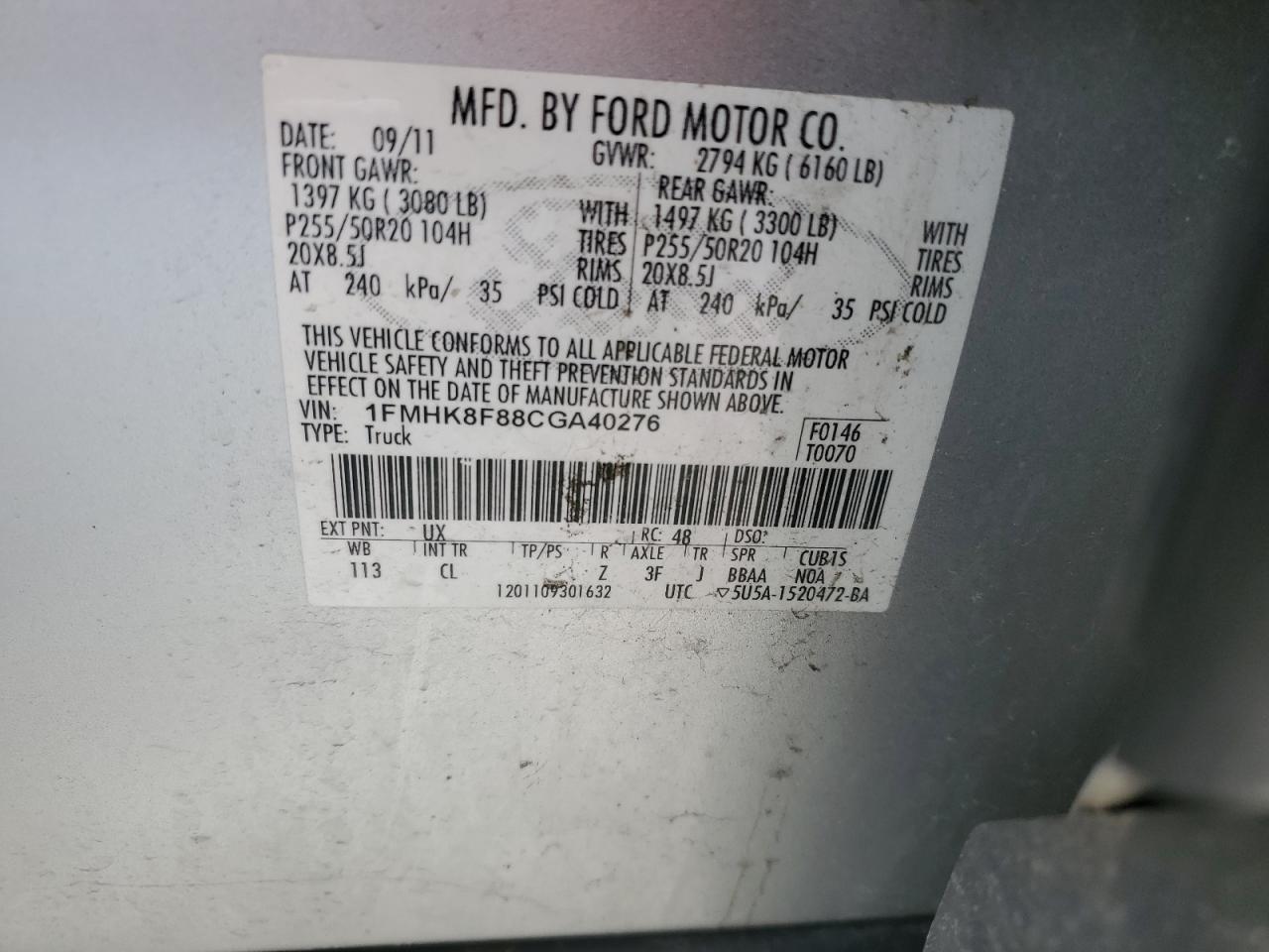 2012 Ford Explorer VIN 1FMHK8F88CGA40276 Copart auction photo, front end damage thumbnail 14