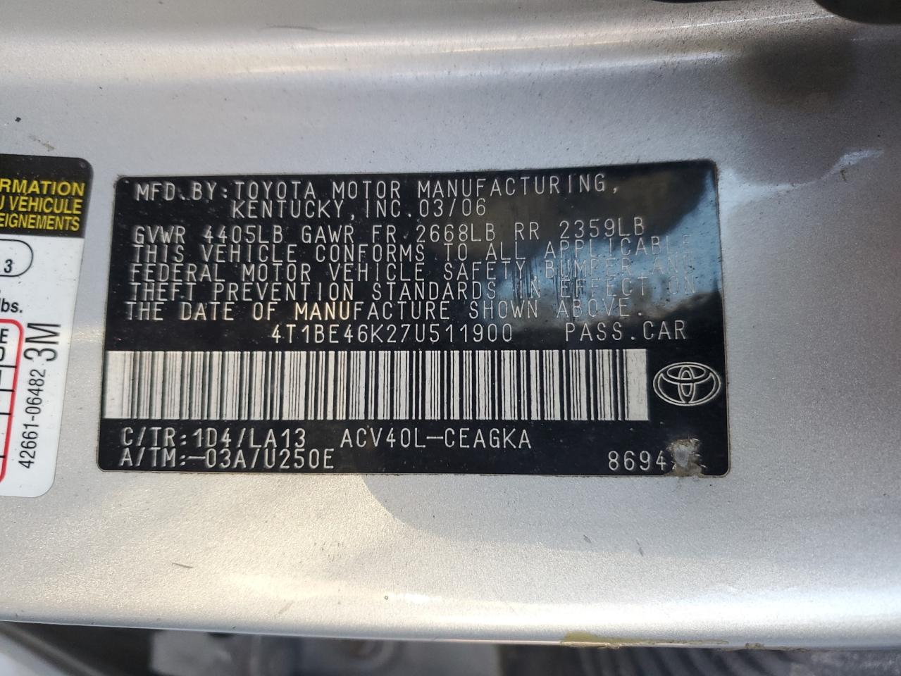 2007 Toyota Camry VIN 4T1BE46K27U511900 Copart auction photo, front end / side damage thumbnail 12