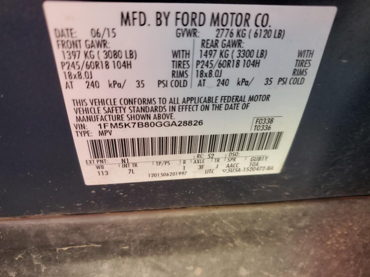 2016 Ford Explorer VIN 1FM5K7B80GGA28826 Copart auction photo, front end / rear end damage thumbnail 13