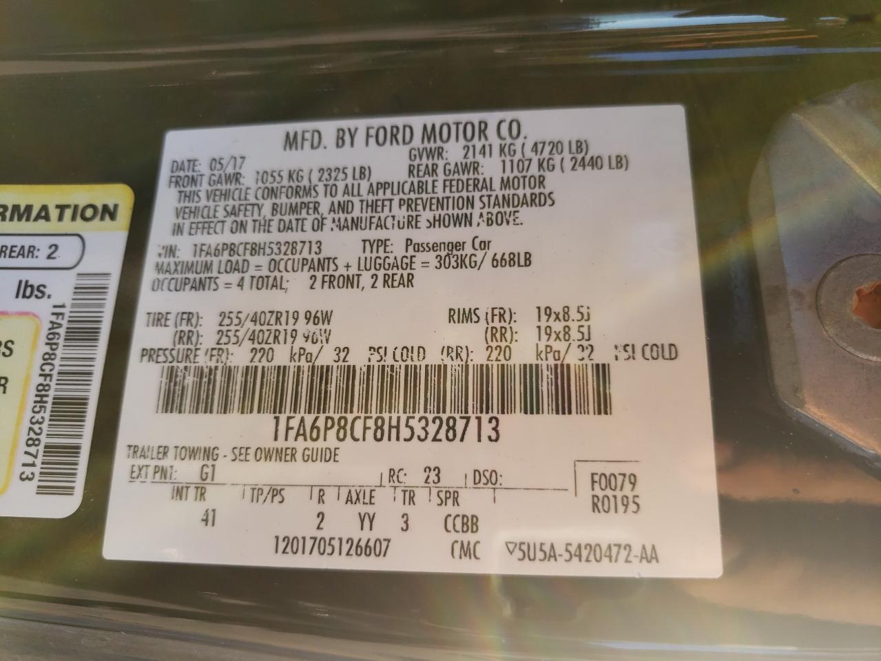 2017 Ford Mustang VIN 1FA6P8CF8H5328713 Copart auction photo, front end / rear end damage thumbnail 14