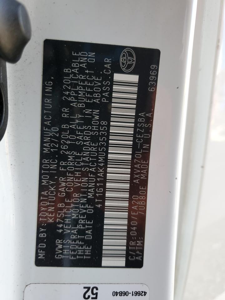 2021 Toyota Camry VIN 4T1G11AK4MU535358 Copart auction photo, rear end damage thumbnail 14