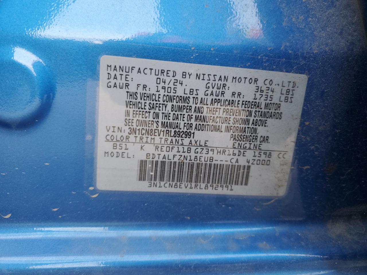 2024 Nissan Versa VIN 3N1CN8EV1RL892991 Copart auction photo, front end damage thumbnail 14