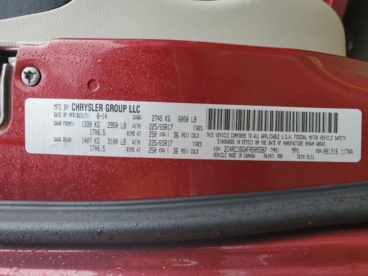 2015 Chrysler Town & Country VIN 2C4RC1BGXFR505587 Copart auction photo, side damage thumbnail 13