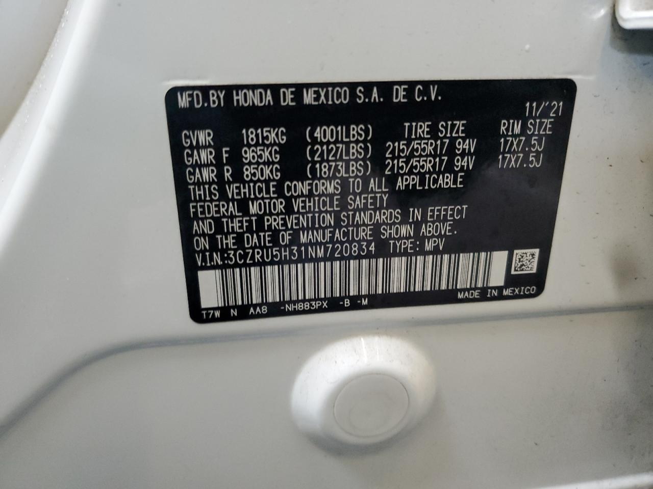 2022 Honda HR-V VIN 3CZRU5H31NM720834 Copart auction photo, rear end damage thumbnail 15