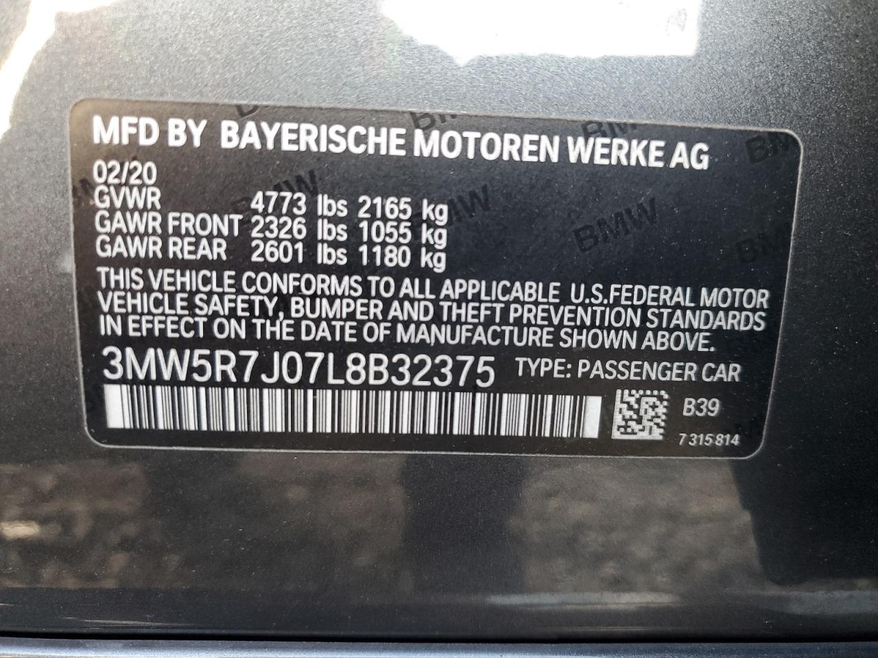 2020 BMW 3er VIN 3MW5R7J07L8B32375 Copart auction photo, undercarriage damage thumbnail 12
