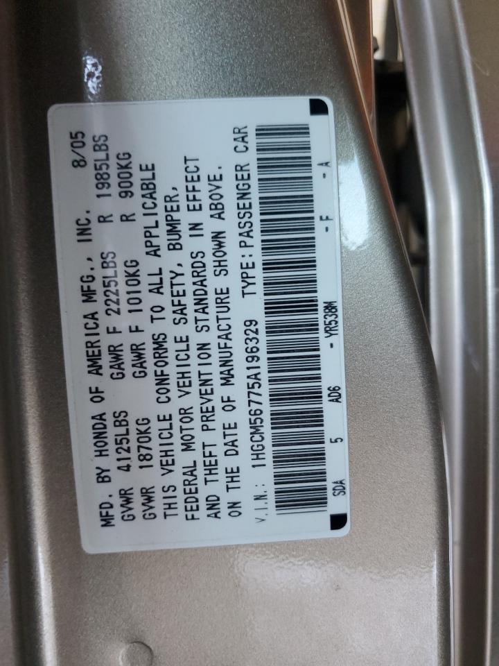 2005 Honda Accord VIN 1HGCM56775A196329 Copart auction photo, front end damage thumbnail 12